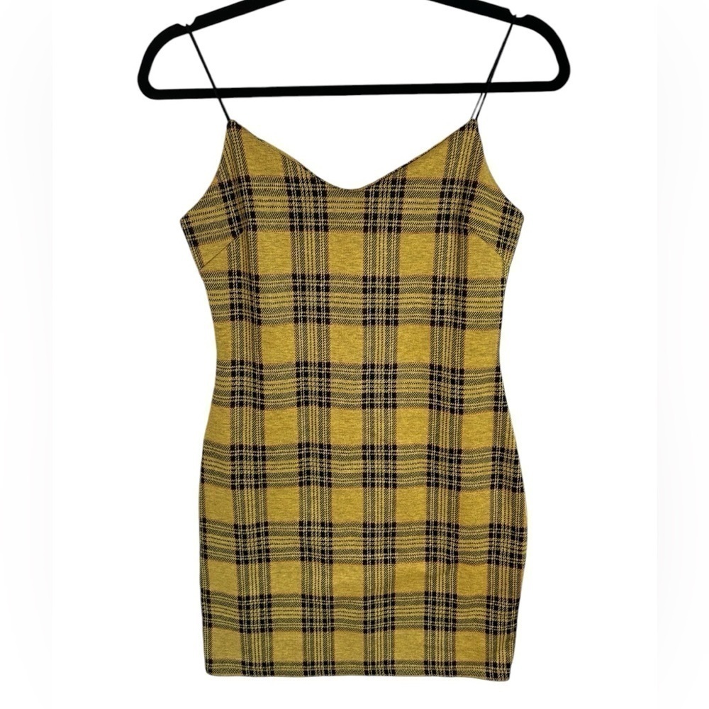 ♥️Rue 21 Yellow Plaid Spaghetti Strap Jumper Bodycon Dress Juniors Size Medium